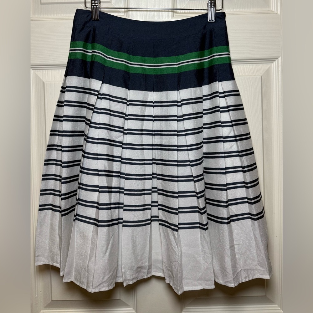 Lands' End Navy and White Striped A-Line Skirt with Green Detail